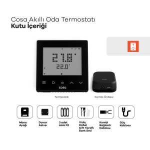 Cosa Siyah Akıllı Oda Termostatı Kablosuz Kombi Kontrolü